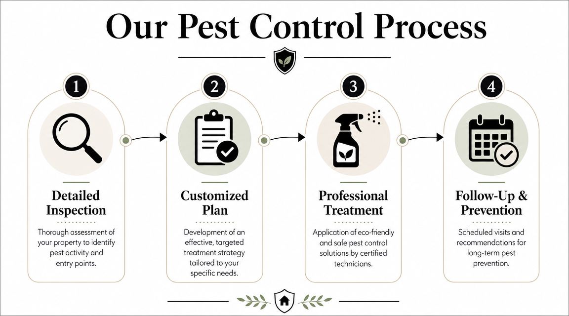 A step-by-step infographic illustrating a four-stage professional residential pest control inspection and treatment service process.