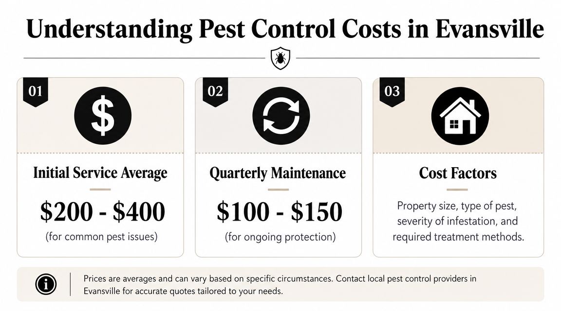 An infographic showing average pest control service costs in Evansville for initial and quarterly maintenance visits.