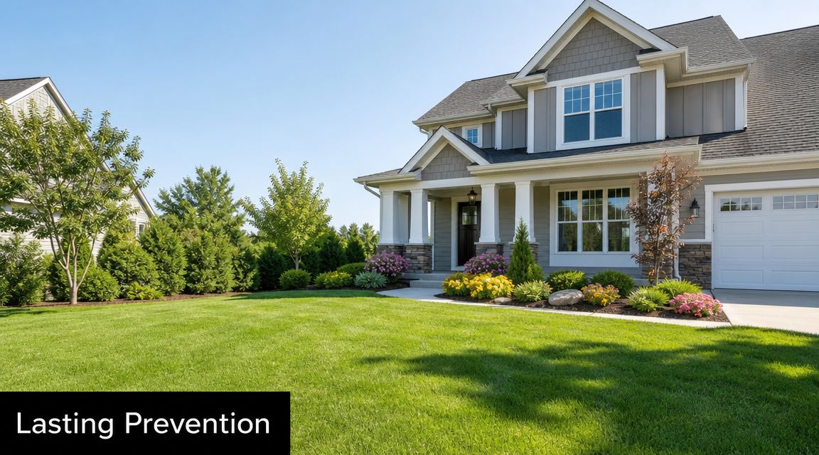 A beautiful suburban house with a well-maintained green lawn and flower garden under a clear blue sky.