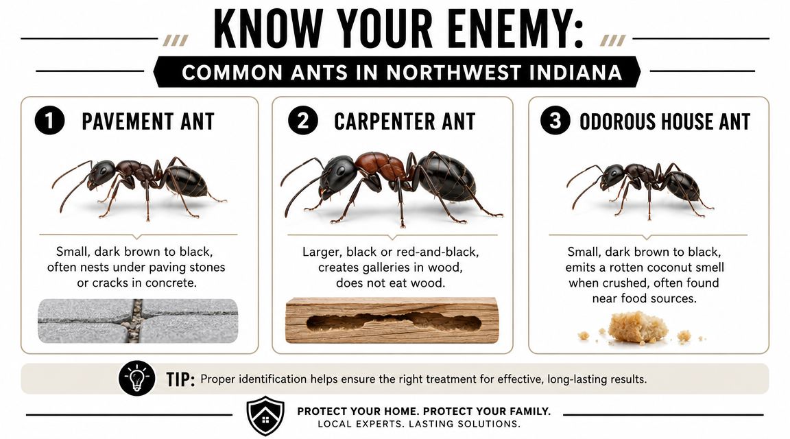 An infographic identifying three common types of ants found in Northwest Indiana for pest control purposes.