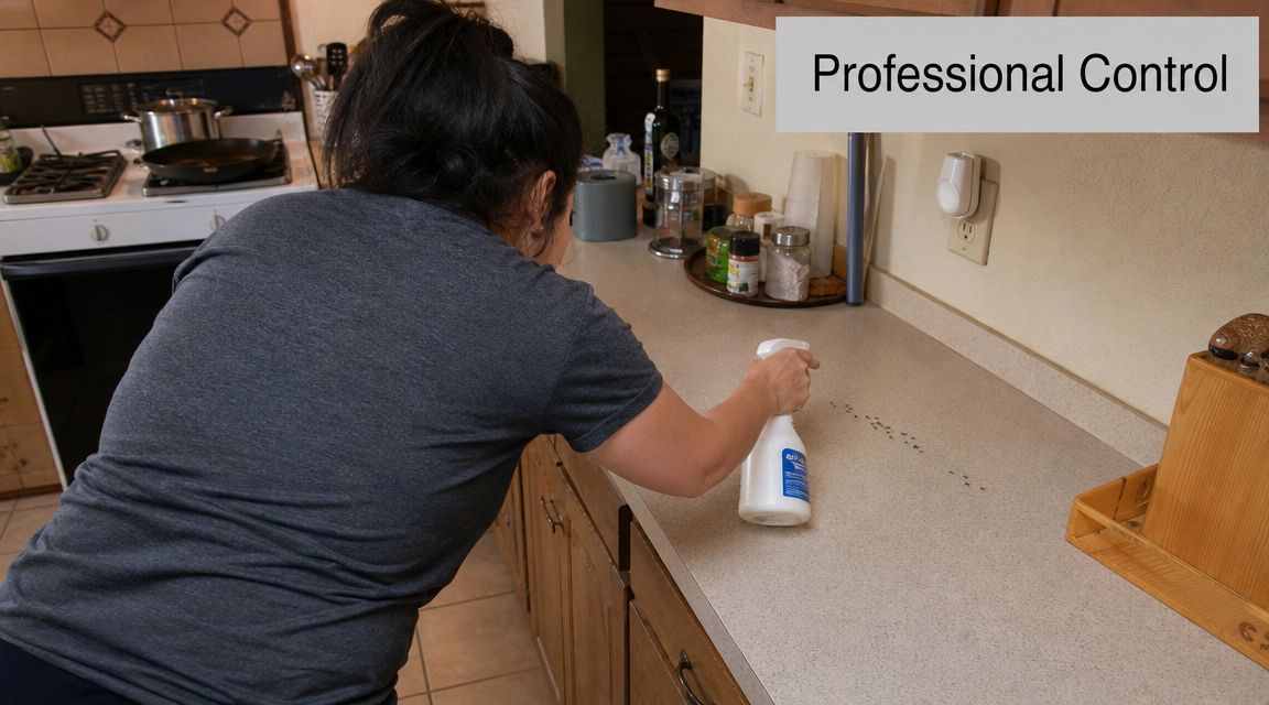 A woman cleaning small ants off a kitchen countertop with a spray bottle and cleaning cloth.