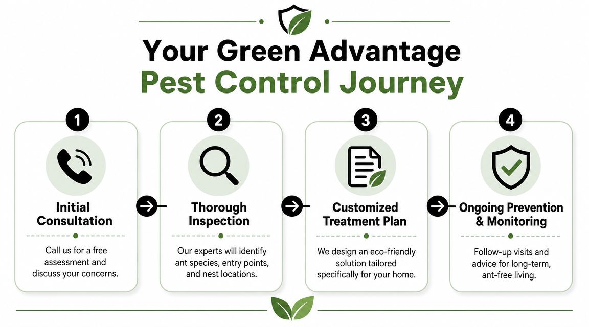 A four-step infographic illustrating a professional eco-friendly pest control process for homes and offices.