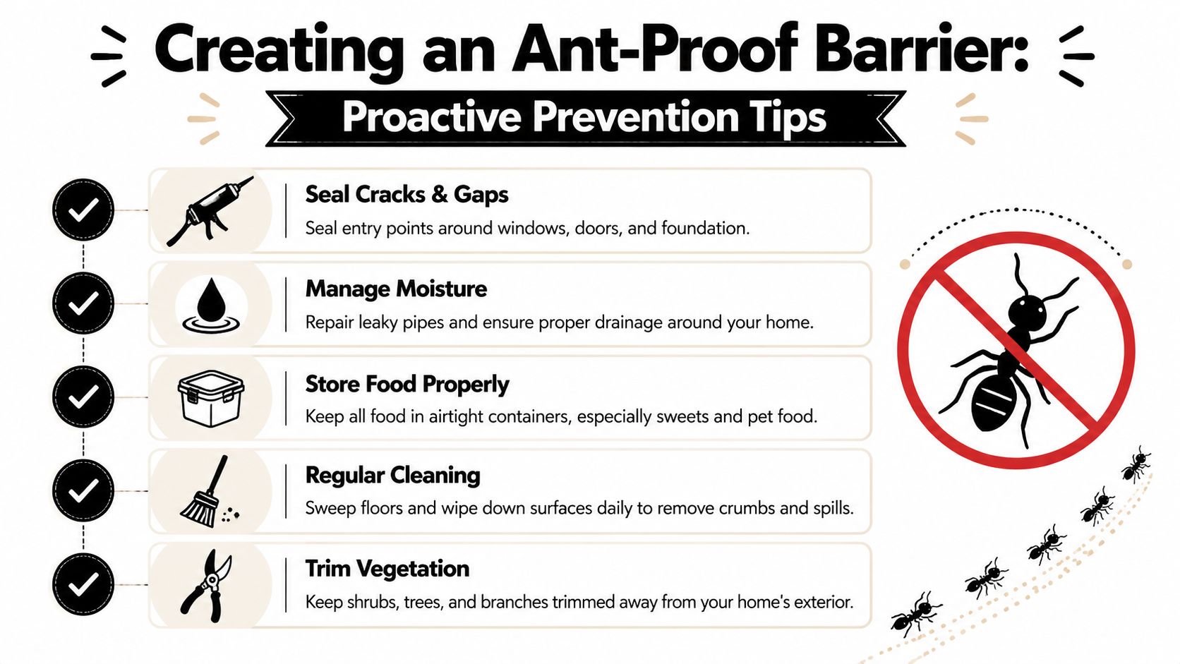 A helpful infographic showing five proactive steps for creating an ant-proof barrier around your home.