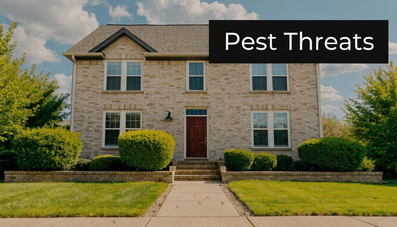 A large two-story brick house with a front lawn and a black sign that reads Pest Threats.