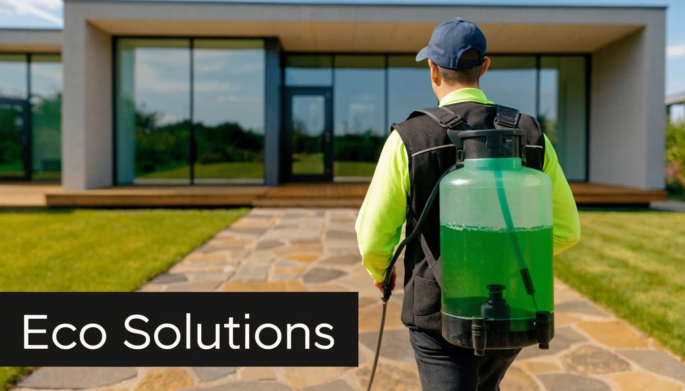 A professional pest control technician wearing protective gear walks toward a modern house to provide services.