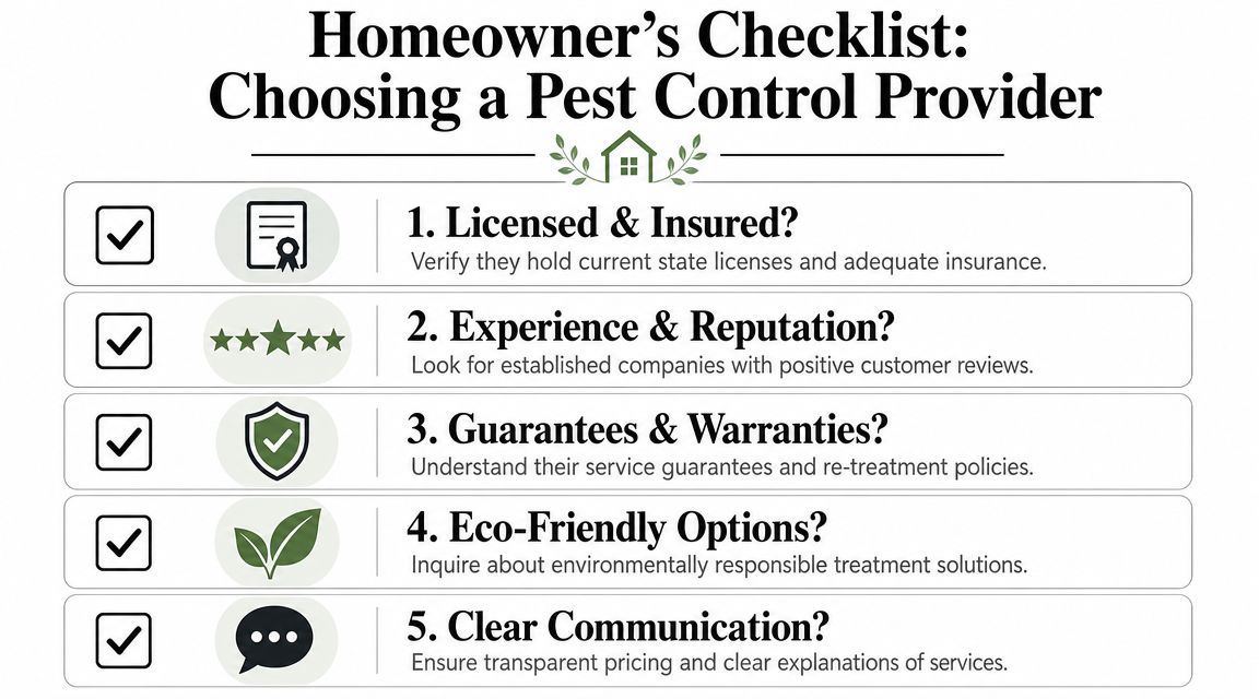 A checklist for homeowners detailing five essential steps to follow when choosing a pest control company.