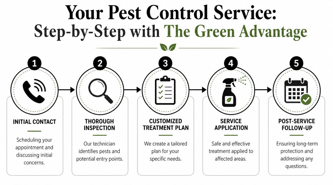 A five-step infographic showing the professional pest control service process from initial contact to follow-up.