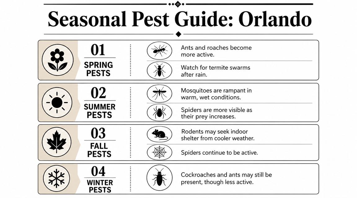A seasonal pest guide for Orlando homes, outlining active insects and rodents for each of the four seasons.