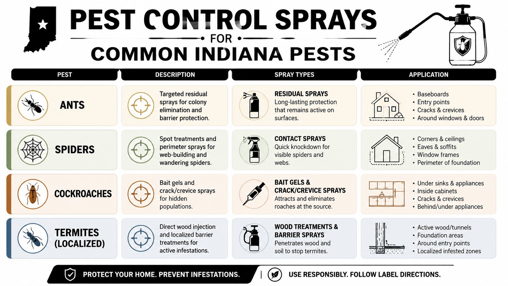 An infographic detailing effective pest control spray methods for common Indiana insects including ants, spiders, and termites.