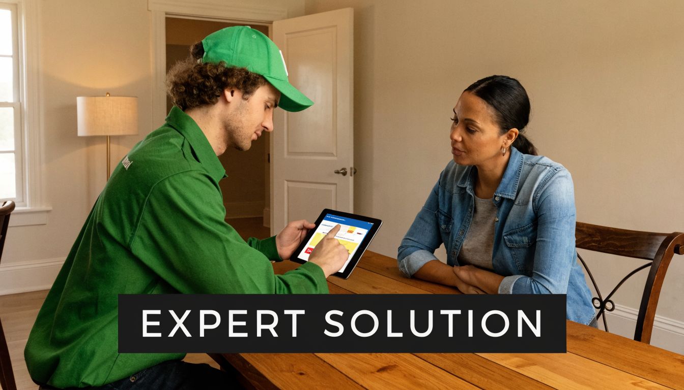 A professional pest control technician in a green uniform shows a tablet to a customer at home.