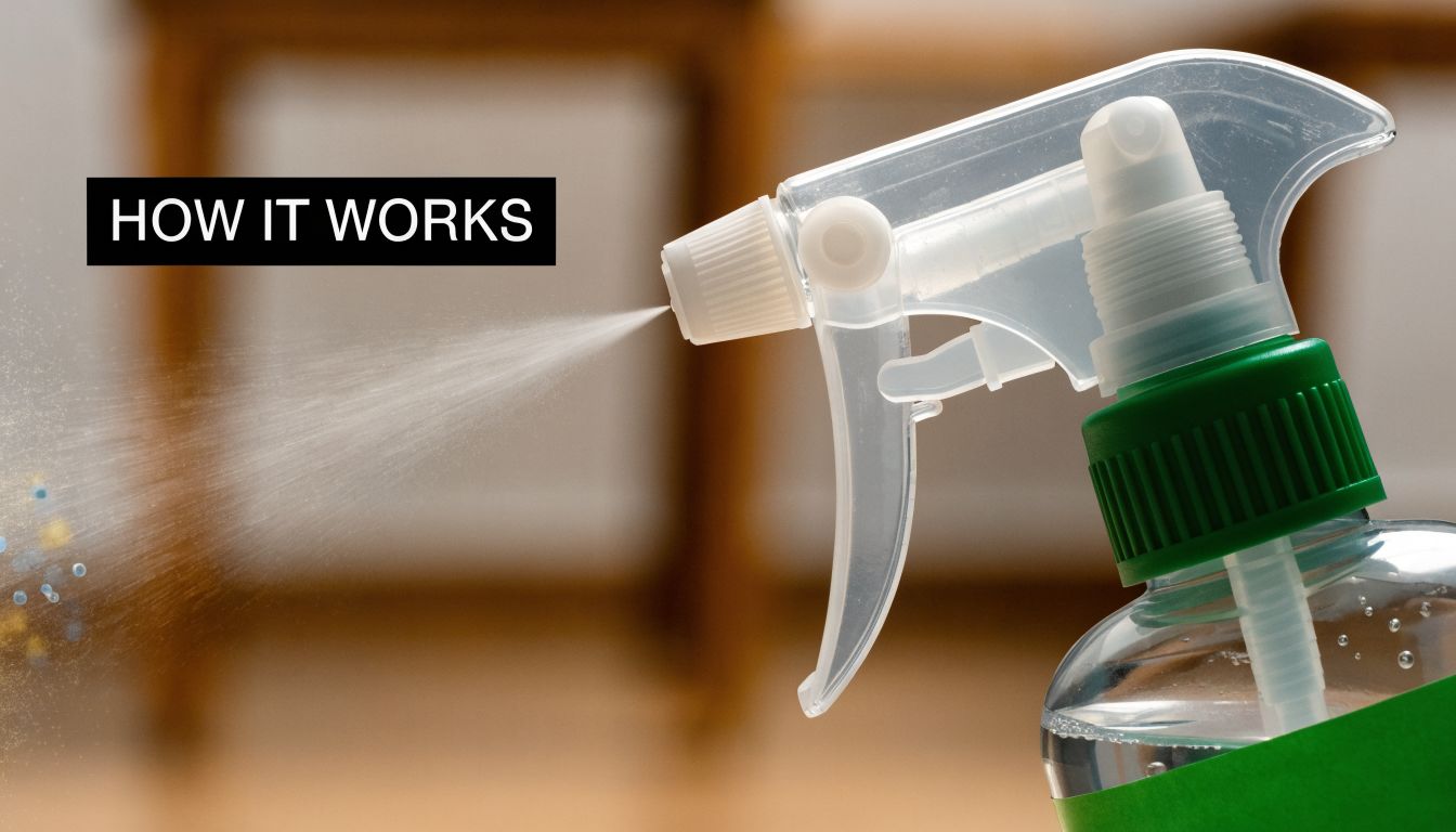 A close-up shot of a clear plastic spray bottle being used to spray cleaning liquid.