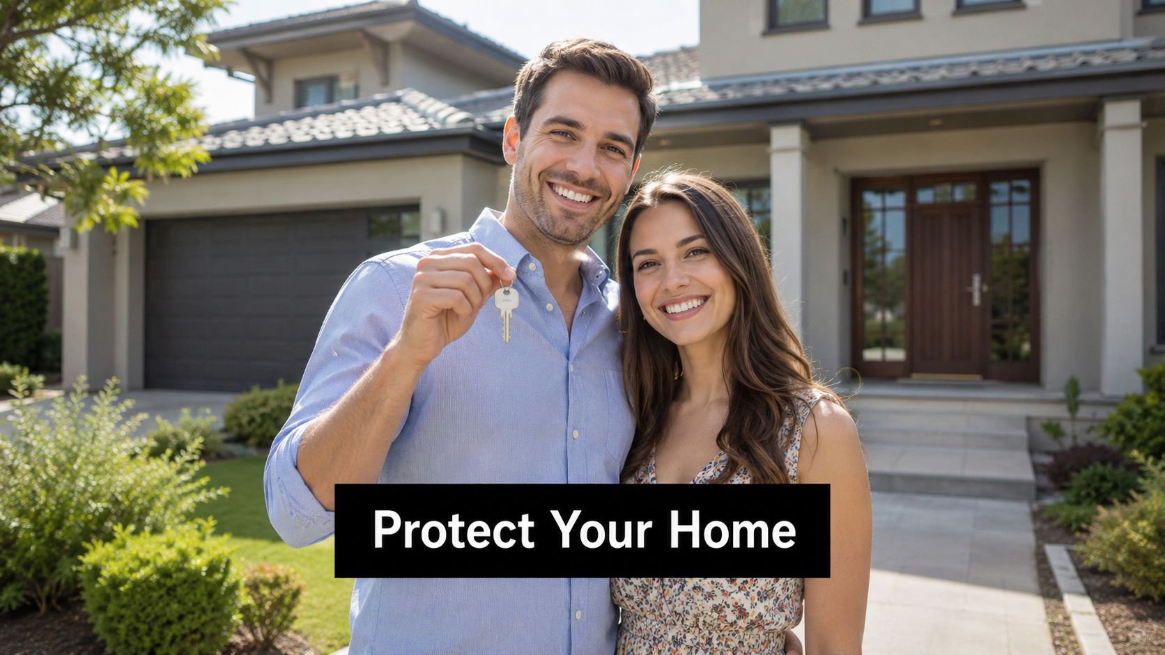 A happy couple standing in front of their new house while the man holds a house key.