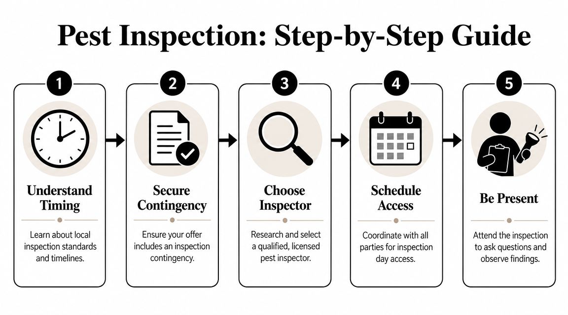 A five-step guide for conducting a professional home pest inspection during the real estate purchasing process.