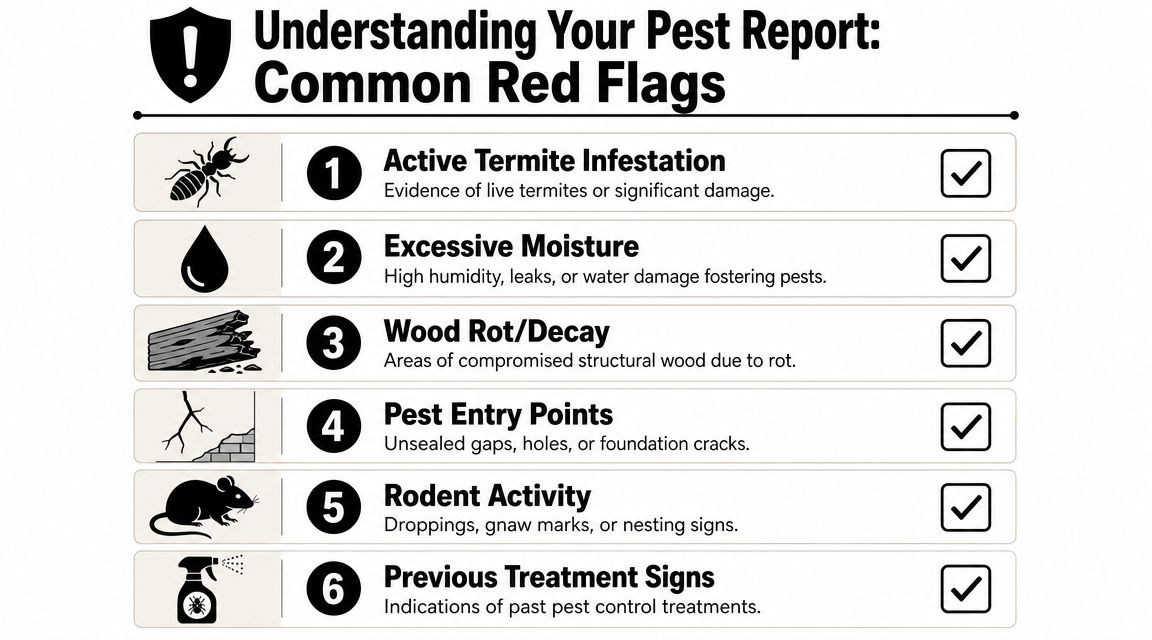 An infographic list explaining six common red flags to look for when reviewing a pest inspection report.