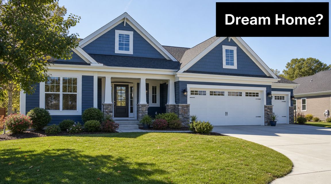 A beautiful blue suburban house with white trim and a green lawn under a clear blue sky.