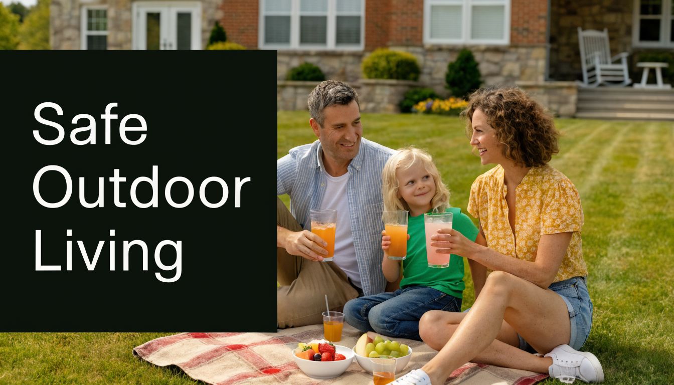 A happy family of three having a picnic on their green lawn in front of their home.