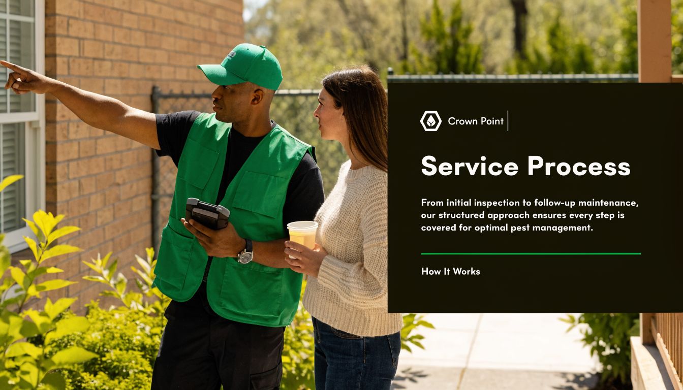 A professional pest control technician in a green uniform discusses service steps with a female homeowner outdoors.