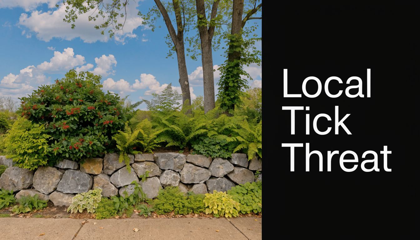 A natural stone retaining wall surrounded by lush greenery and trees with text reading Local Tick Threat