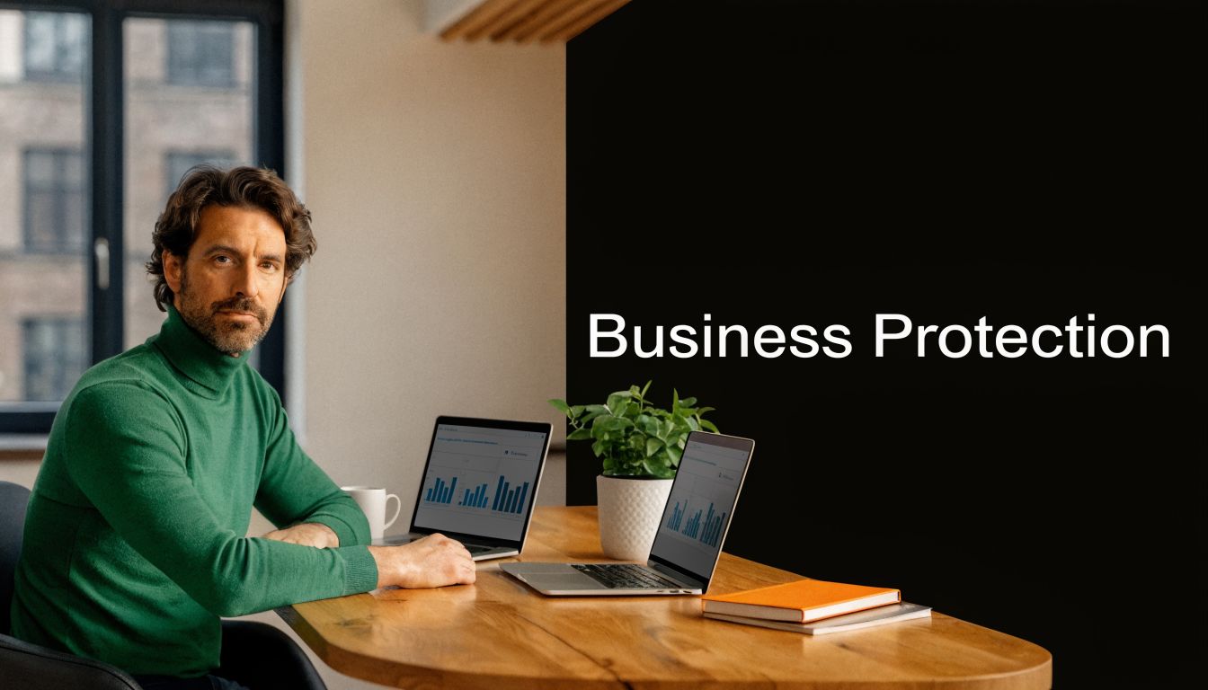 A professional man sitting at a desk with two laptops and a plant, symbolizing business protection services.