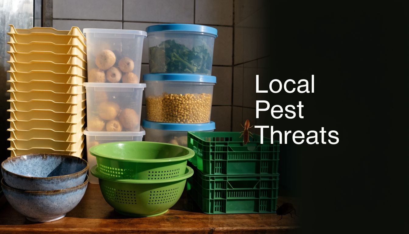 A stack of food storage containers and bowls in a kitchen with a cockroach insect overlay.