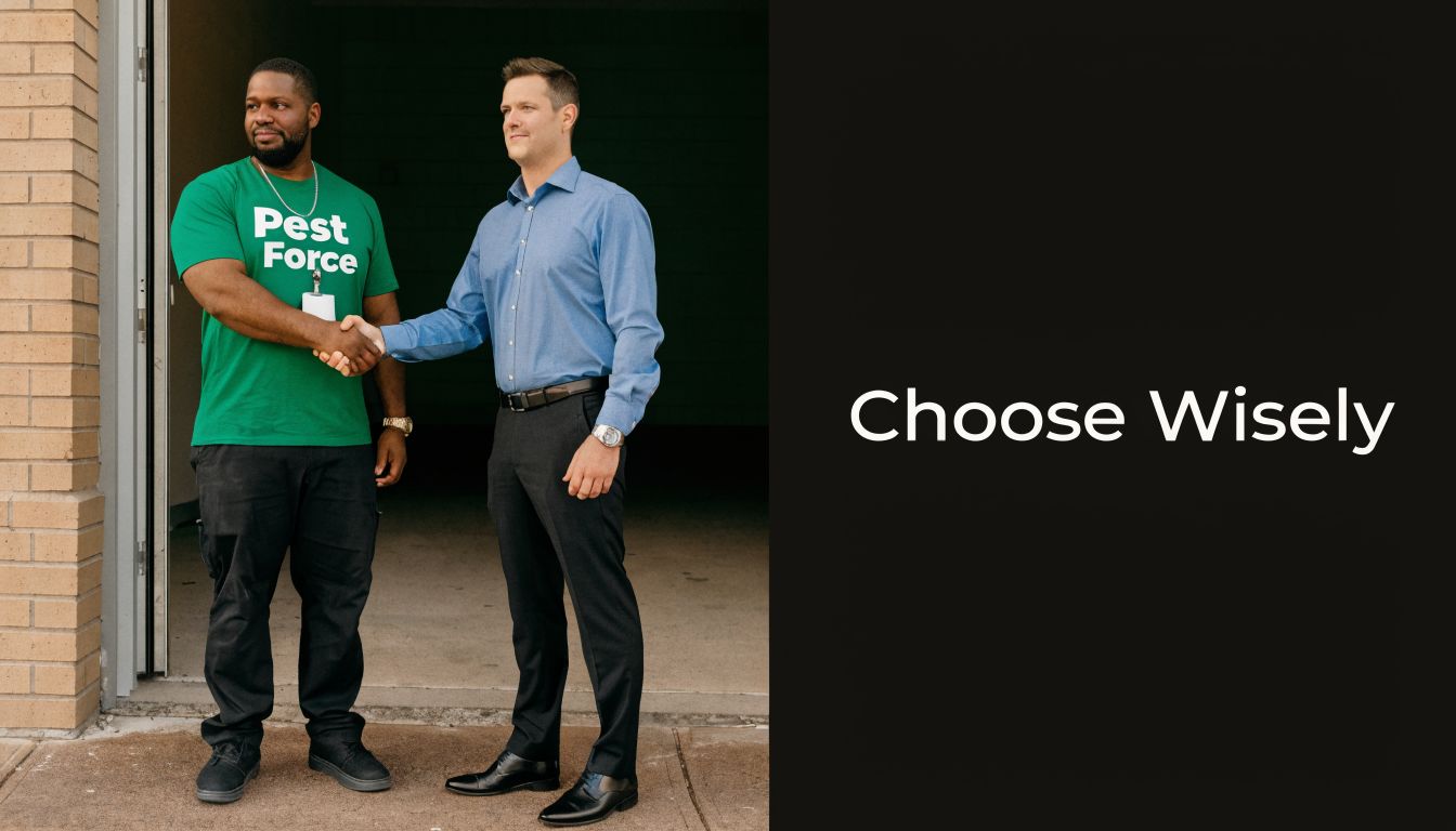 A professional man in a blue dress shirt shaking hands with a Pest Force worker.