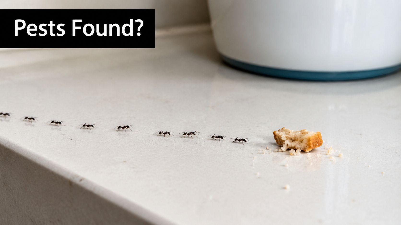 A line of ants marching across a white countertop towards a piece of bread crumb.