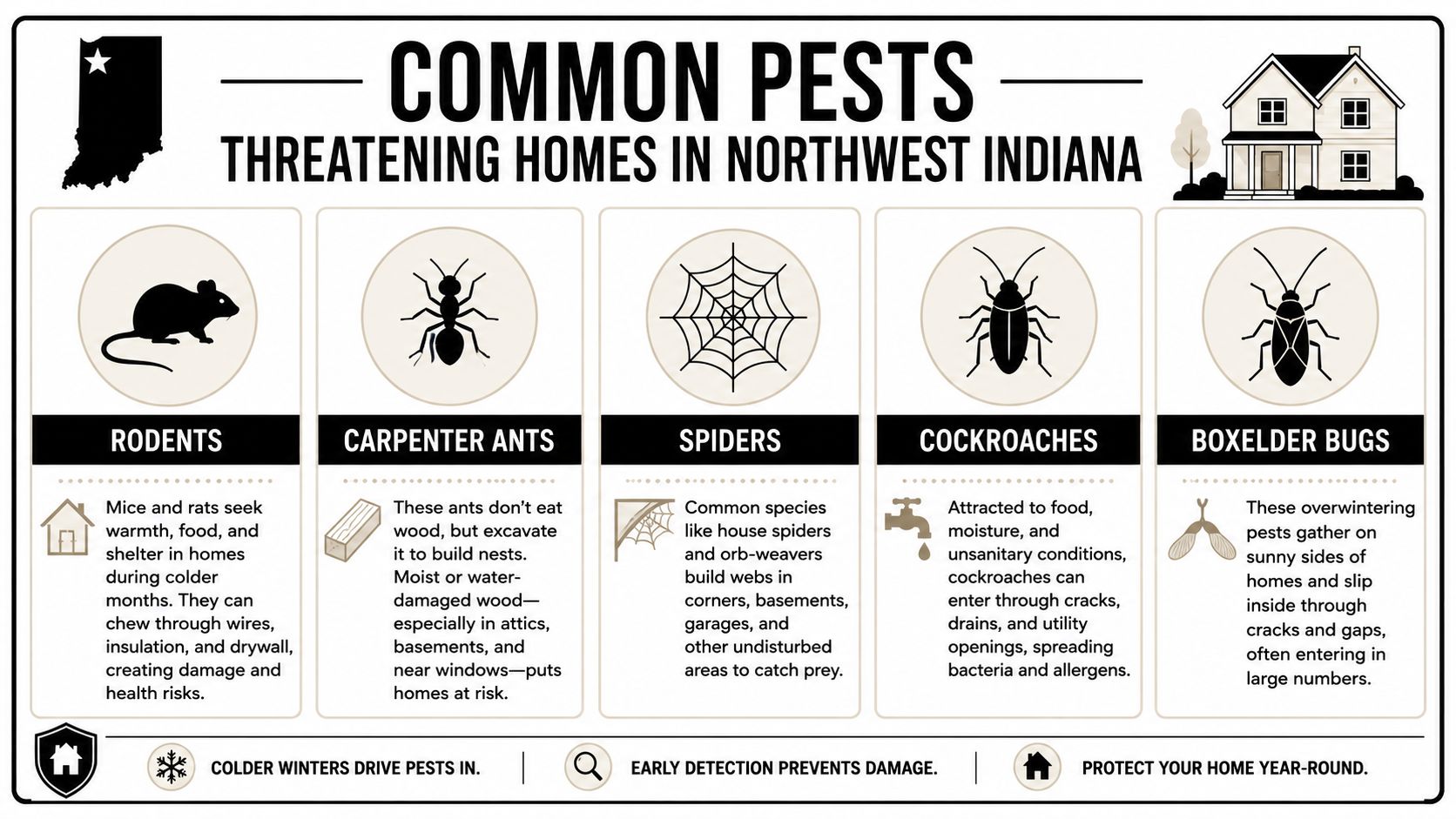 An infographic detailing common household pests in Northwest Indiana, including rodents, ants, spiders, cockroaches, and boxelder bugs.