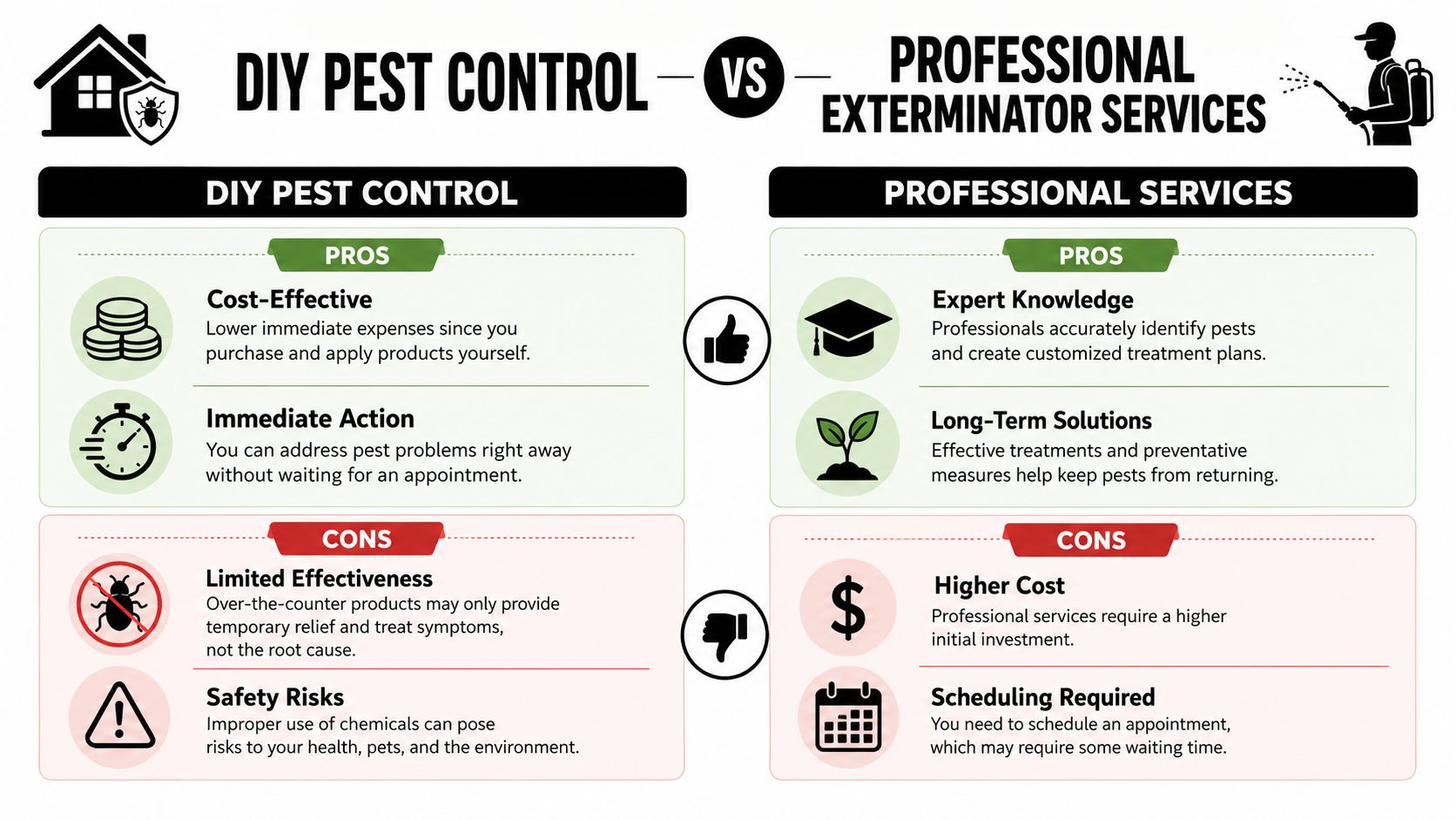 A comparison infographic detailing the pros and cons of DIY pest control versus professional exterminator services.