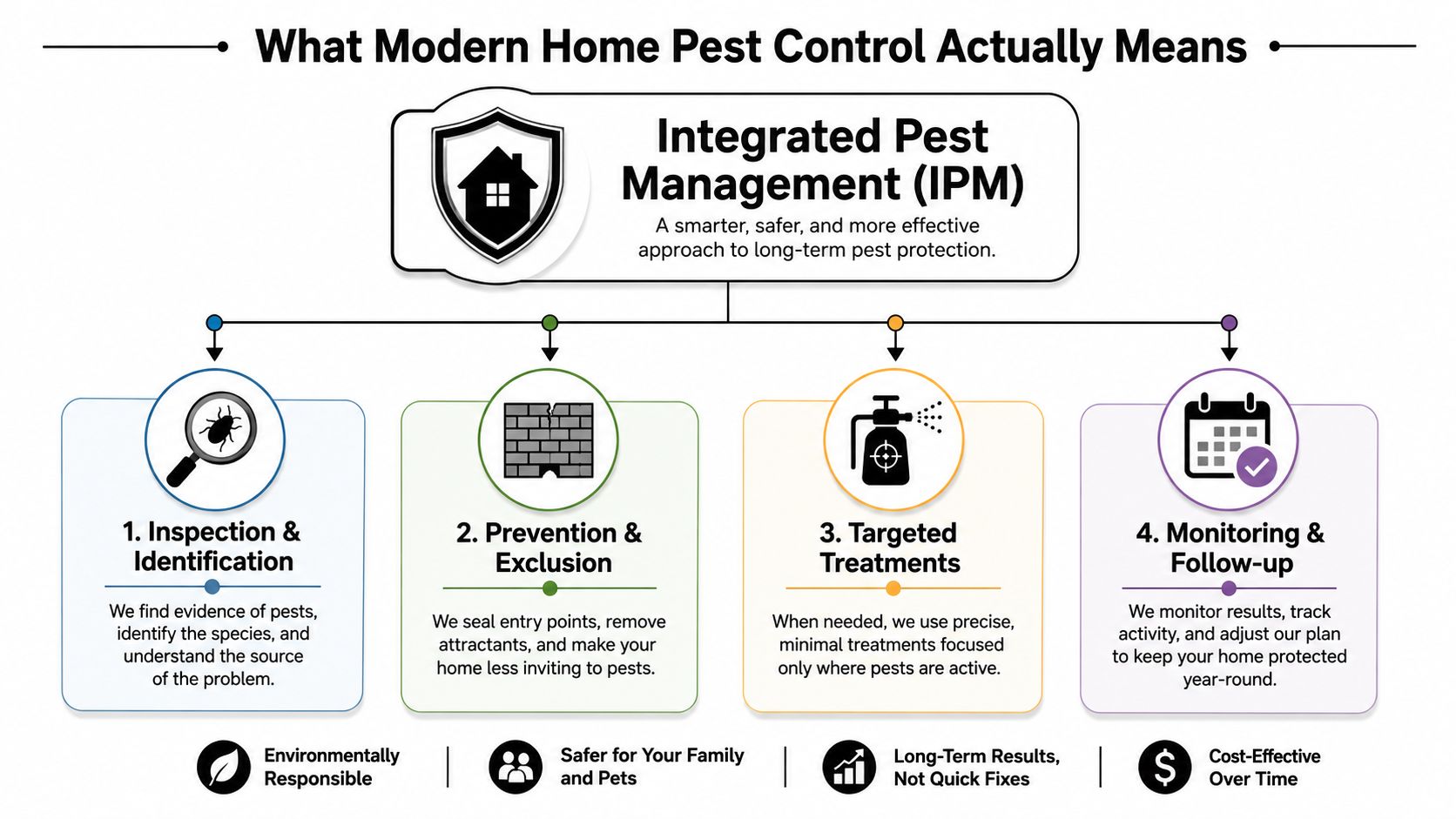 An infographic showing the four steps of integrated pest management for home pest control services.