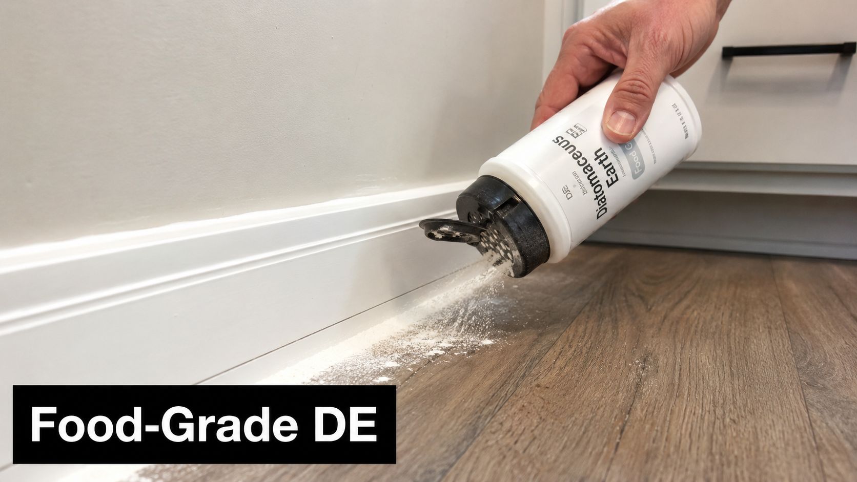 A hand sprinkling food-grade diatomaceous earth powder along a white baseboard to manage household pests.