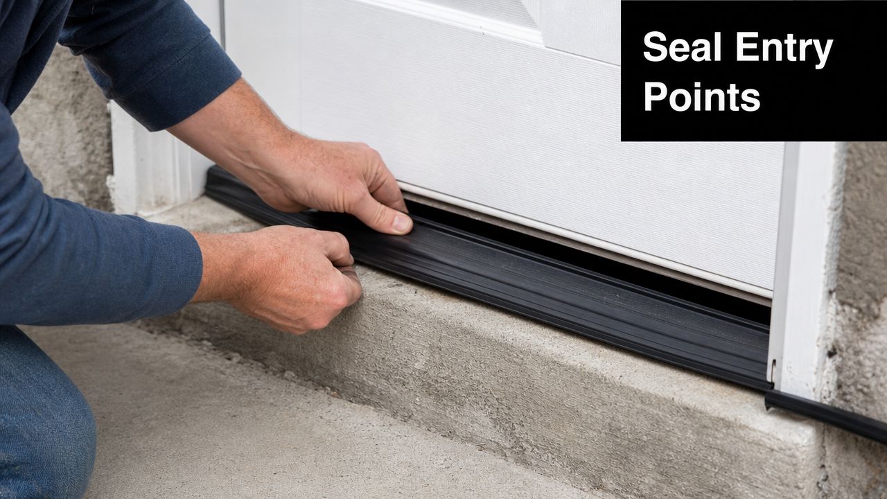 A person installing a rubber seal on a garage door to prevent pests from entering the home.