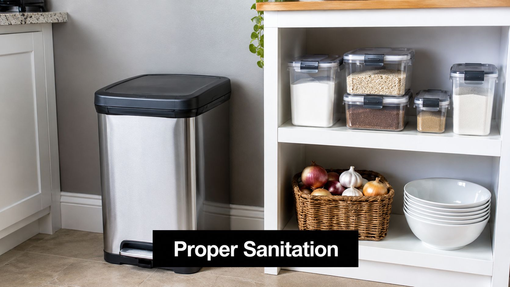 A stainless steel trash bin positioned directly beside an open kitchen shelving unit storing food containers and produce.