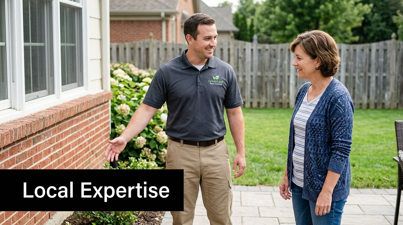 A pest control professional pointing at the foundation of a house while consulting with a female homeowner.
