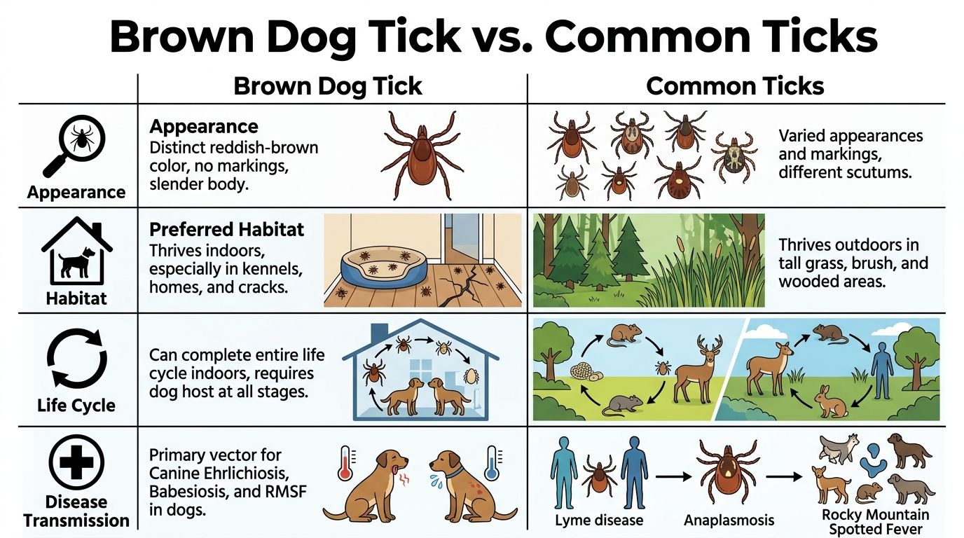 A comparison chart showing differences in appearance, habitat, life cycle, and disease transmission between brown dog ticks and other ticks.