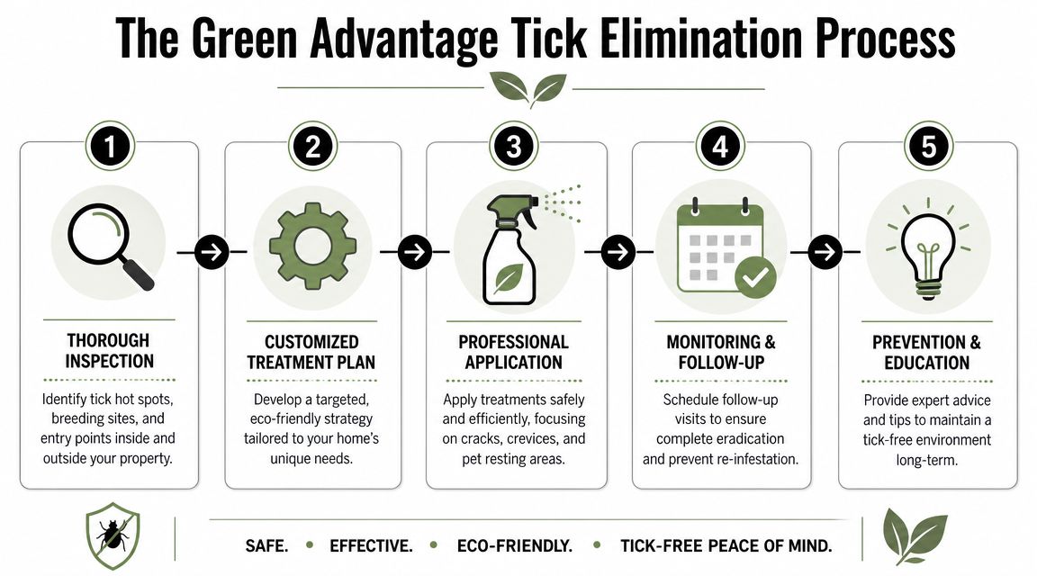 A five-step infographic showing the Green Advantage process for professional and eco-friendly tick elimination services.