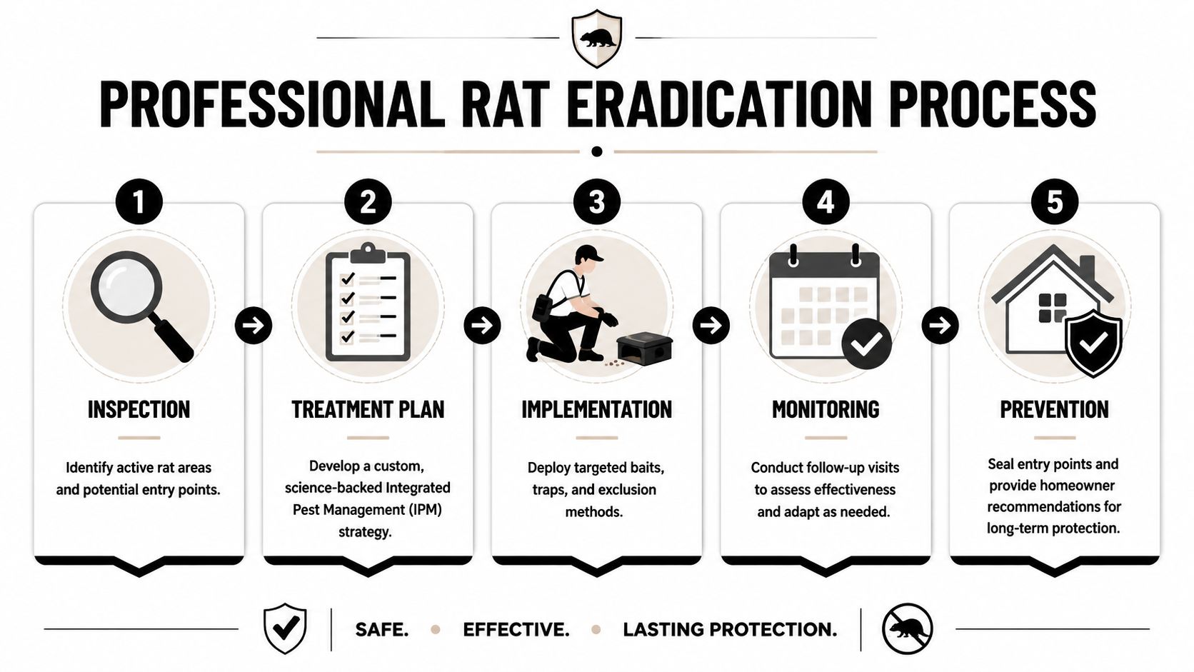 A professional five-step infographic showing the process of rat eradication and pest control services.