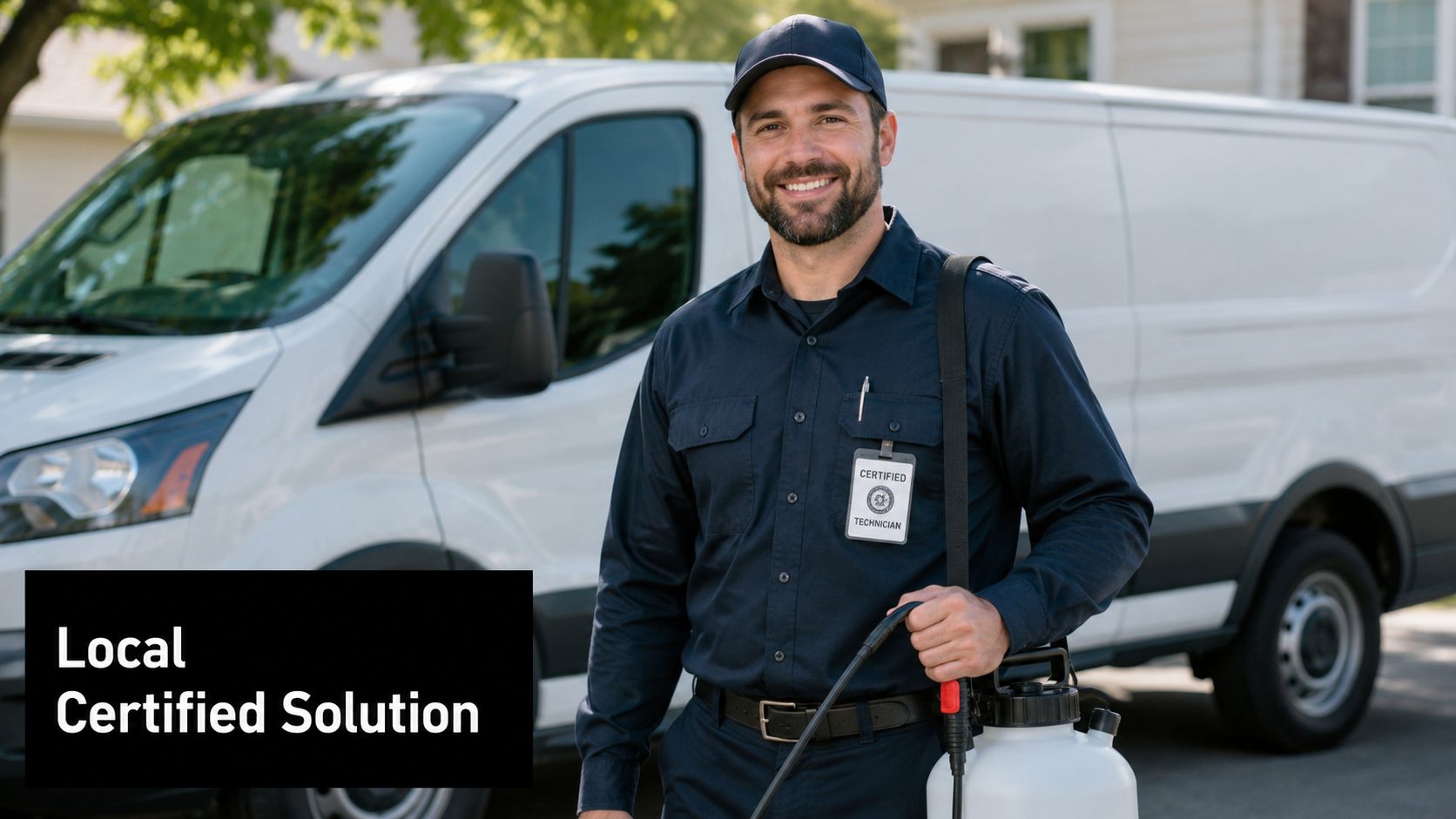 A friendly certified pest control technician wearing a uniform stands in front of a service van.
