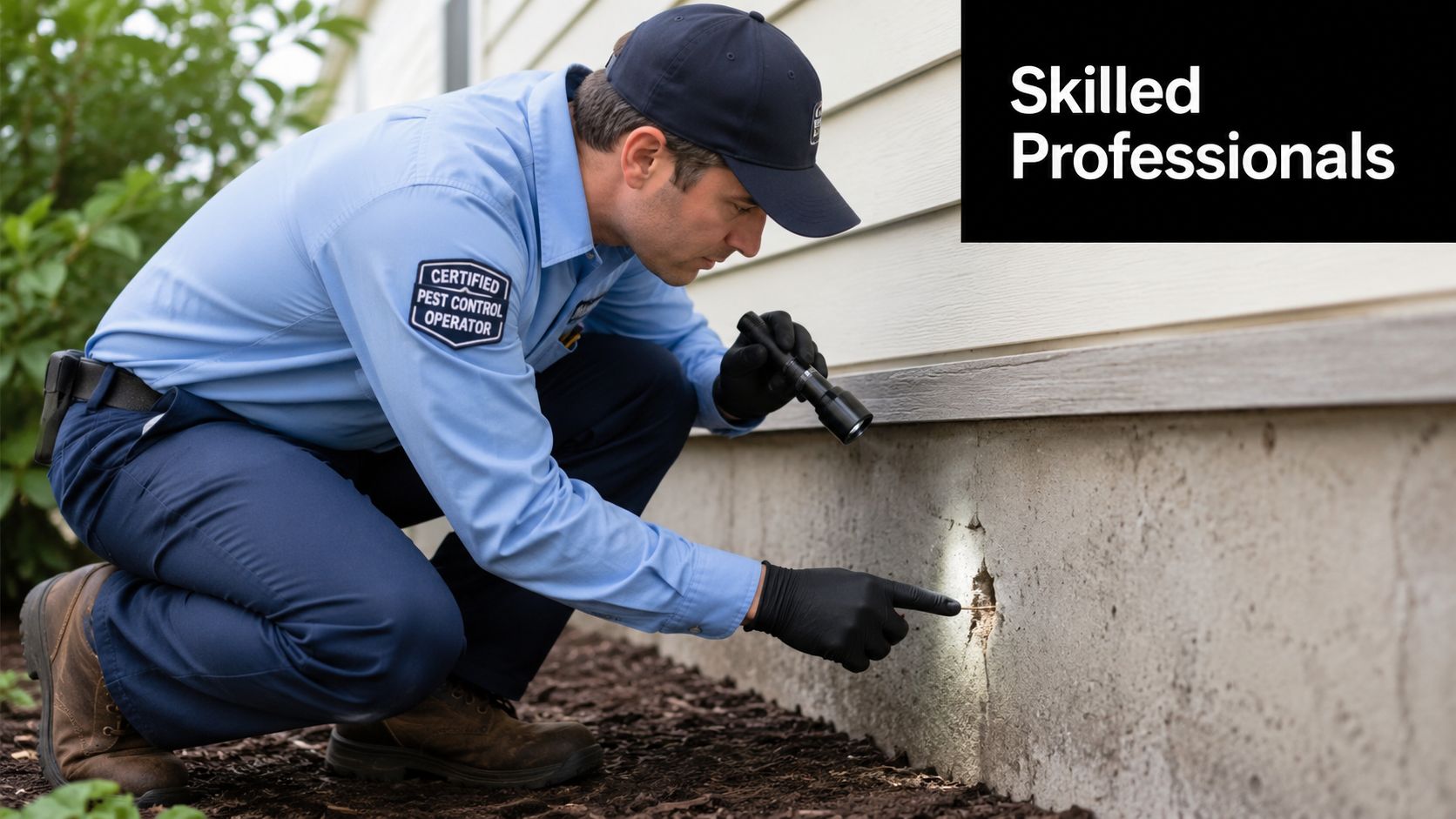 A professional pest control technician in uniform inspecting a foundation crack with a flashlight.