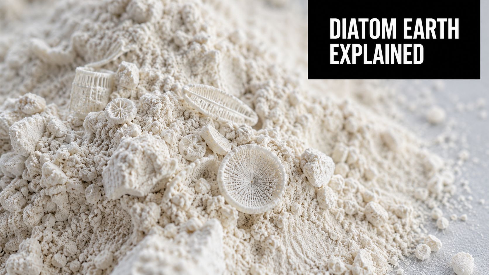A close-up view of diatomaceous earth powder with distinct, intricate microscopic fossilized diatom structures visible.