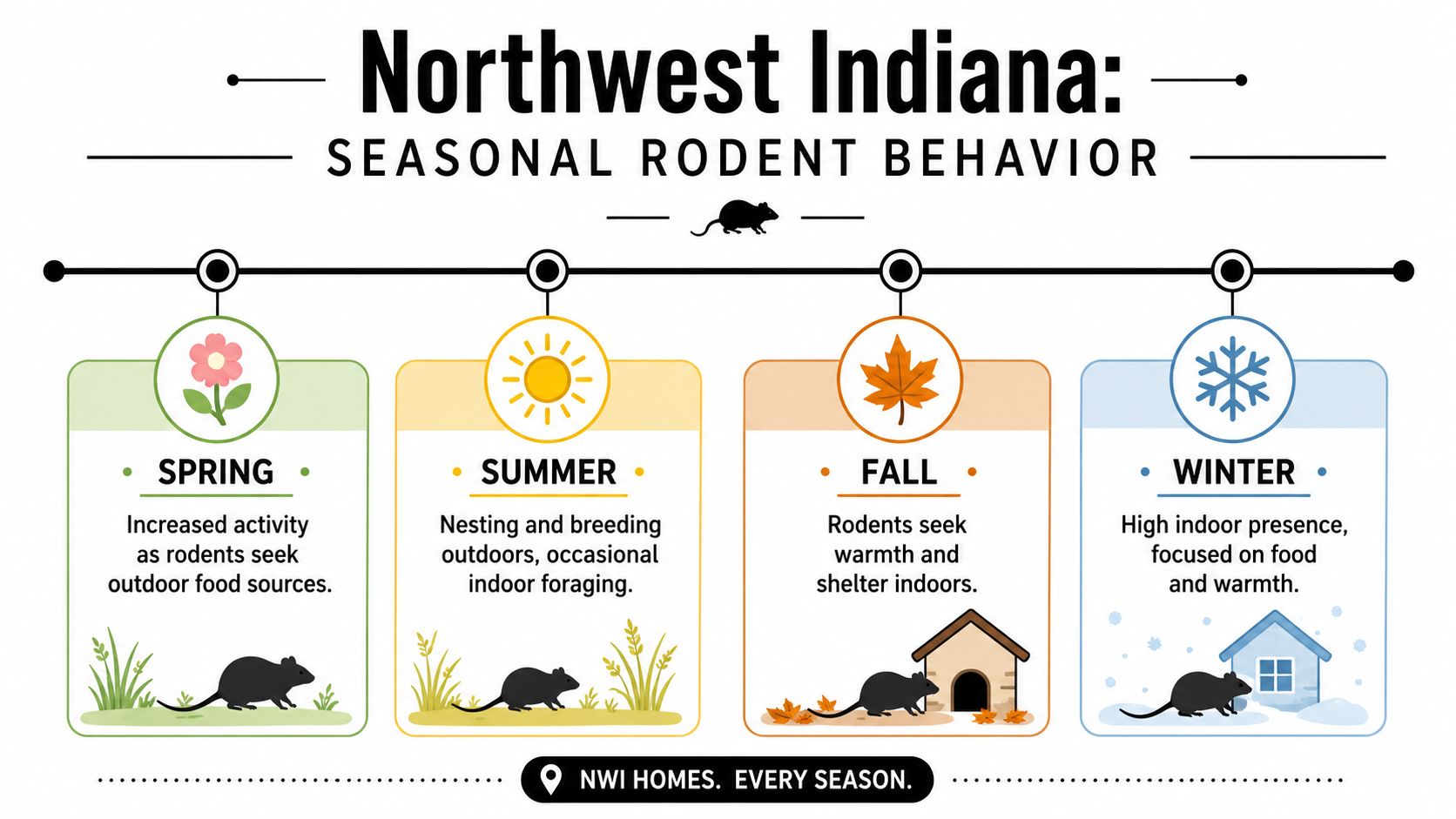 An infographic showing seasonal rodent behavior patterns in Northwest Indiana across spring, summer, fall, and winter months.