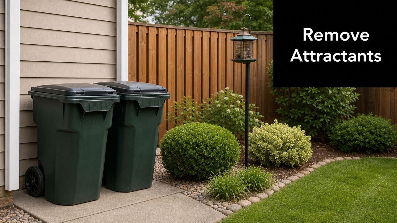 Two large green trash bins stored next to a house exterior to minimize rodent attractants.