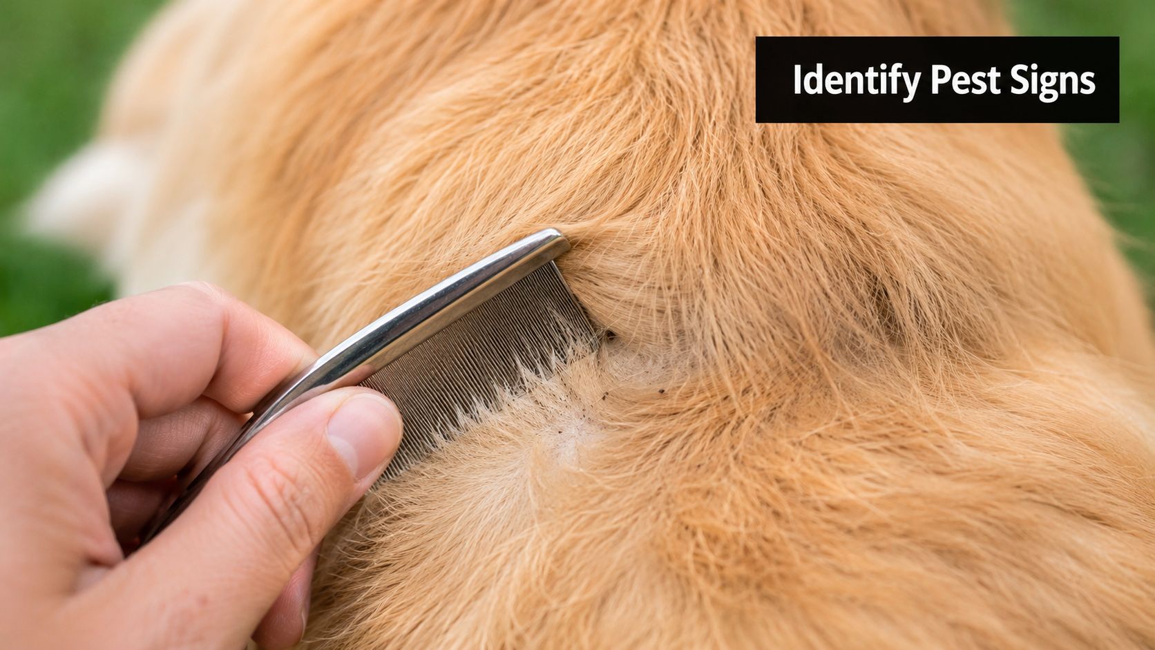 A person using a fine-toothed metal flea comb to check a golden dog for parasites.