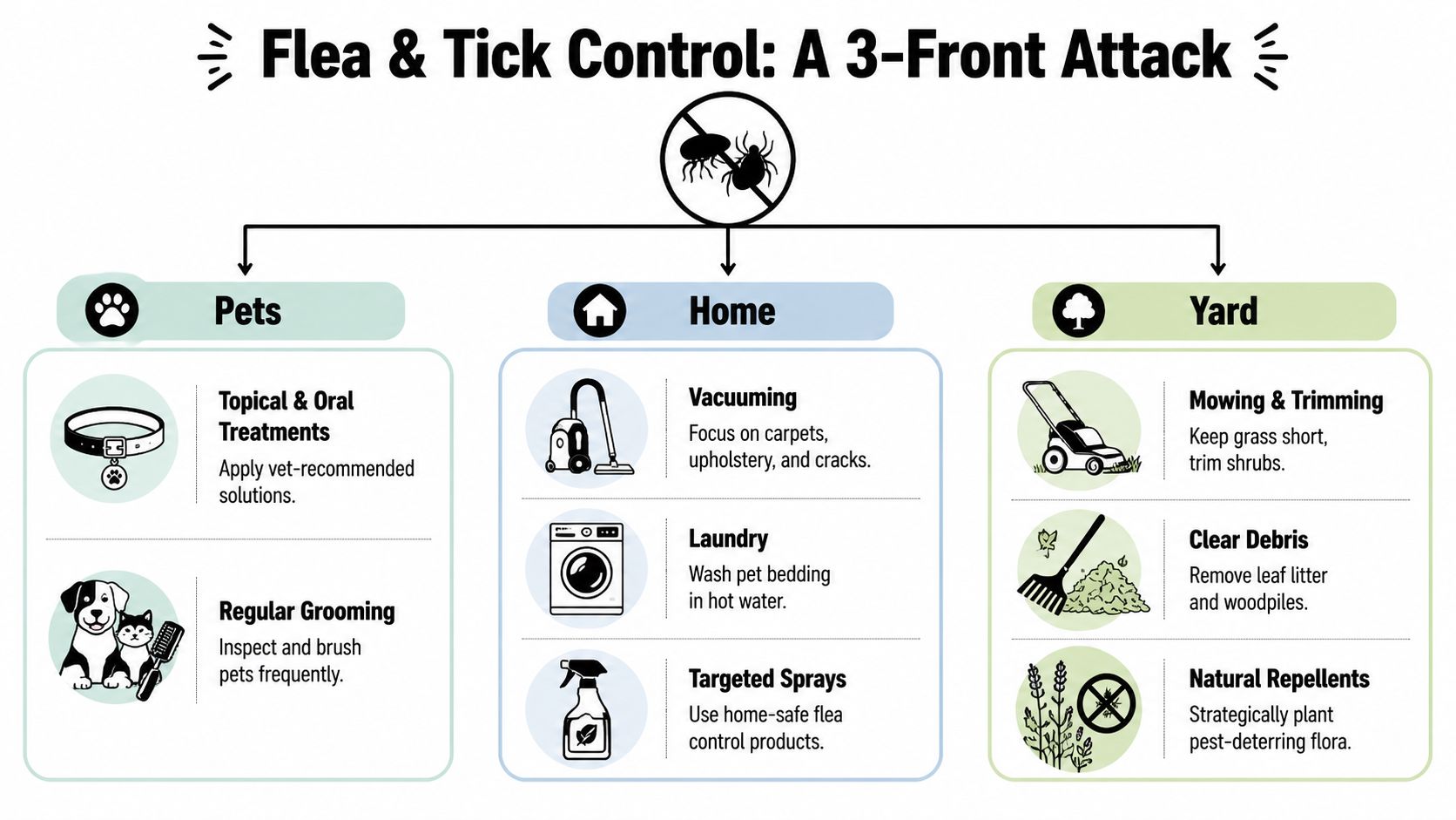 An infographic showing a three-front approach to flea and tick control for pets, home, and yard environments.