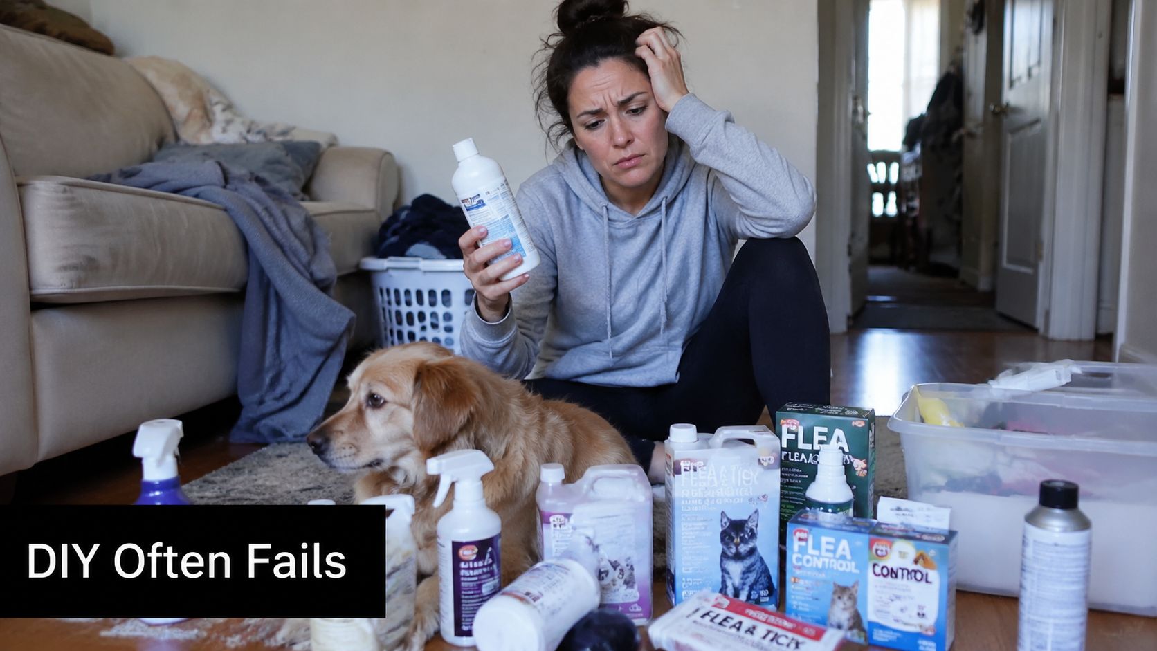 A frustrated woman sits on the floor with her dog, surrounded by various flea and tick control products.