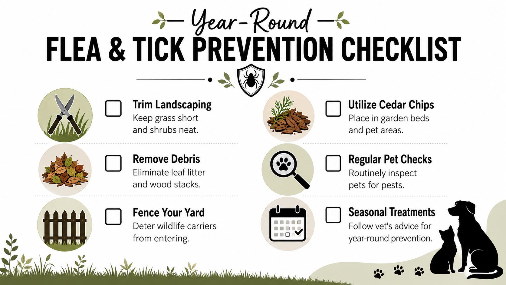An infographic checklist for year-round flea and tick prevention for yards and pets.