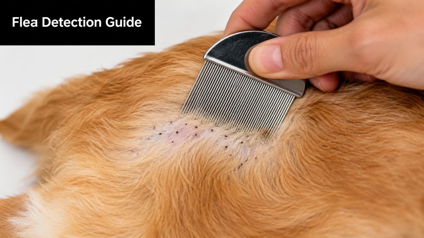 A close-up of a person using a metal flea comb on a dog's fur for detection.