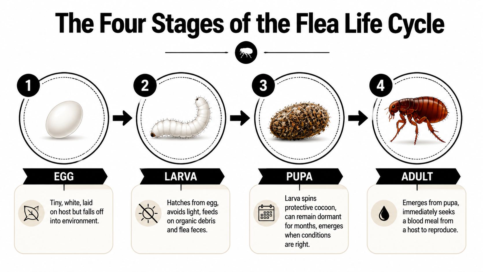 A diagram illustrating the four stages of the flea life cycle: egg, larva, pupa, and adult.