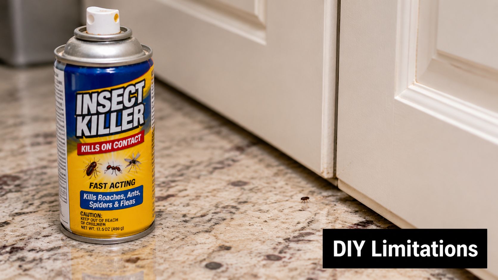 A can of insect killer spray sits on a marble countertop next to a small insect.