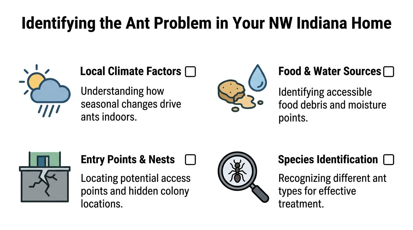 An infographic titled Identifying the Ant Problem in Your NW Indiana Home featuring four key steps.