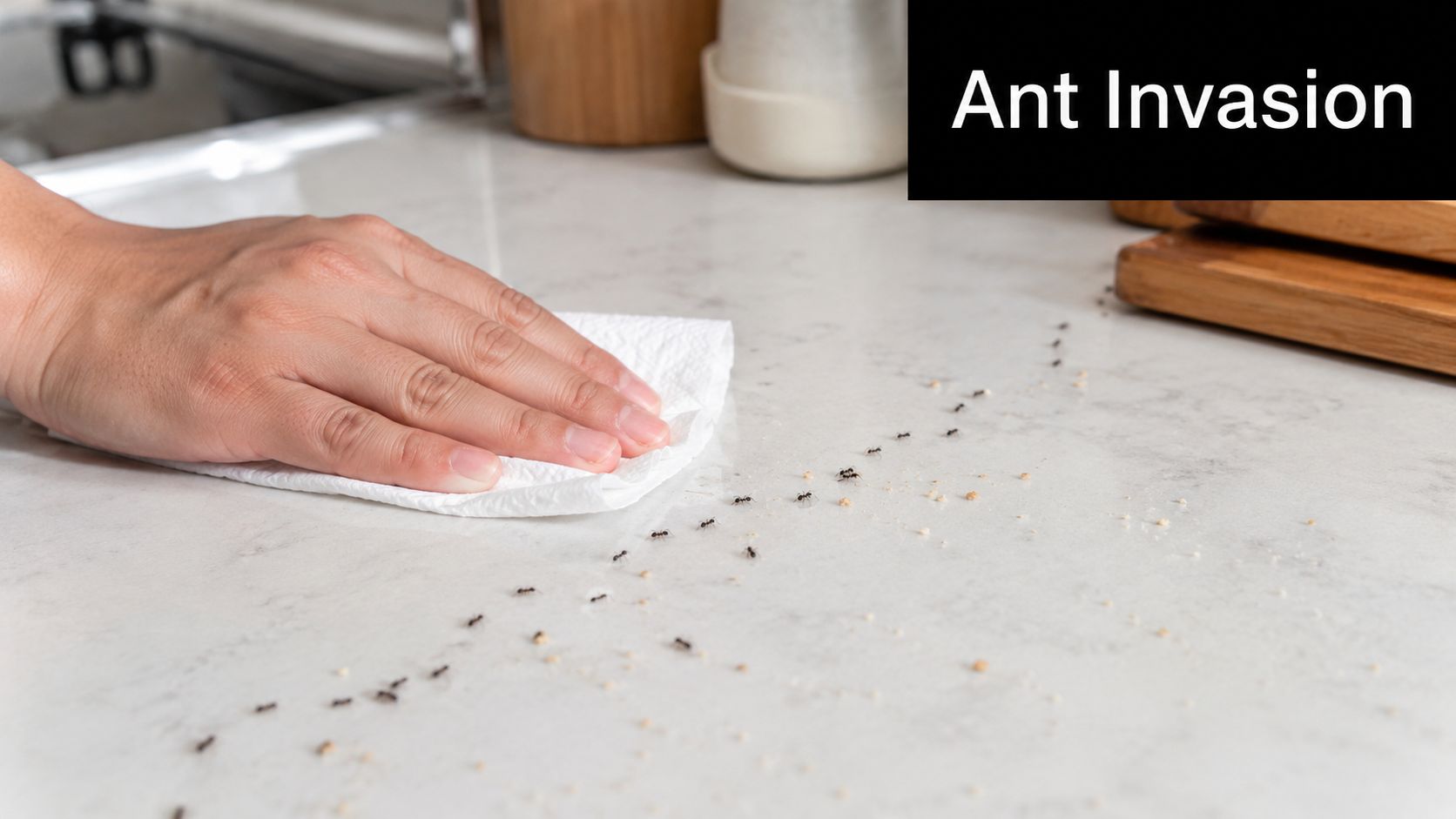A person wiping away a line of ants and food crumbs from a kitchen countertop with paper.